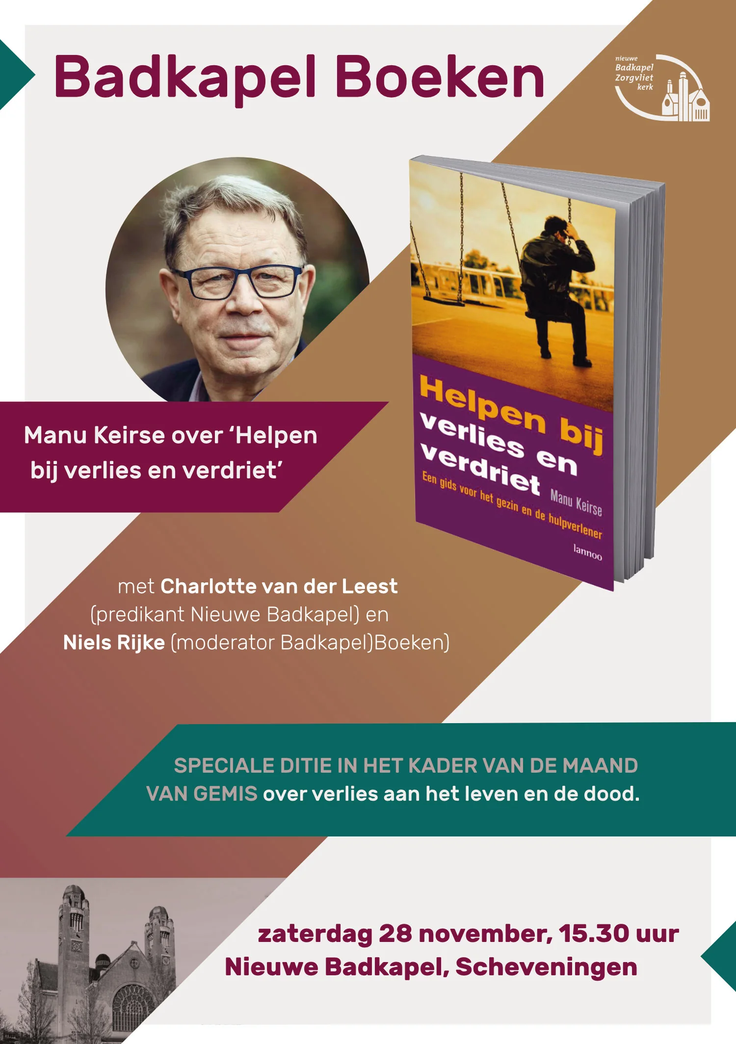 Voorkant van de flyer: Badkapel Boeken met Manu Keirse over Helpen bij verlies en verdriet, zaterdag 28 november