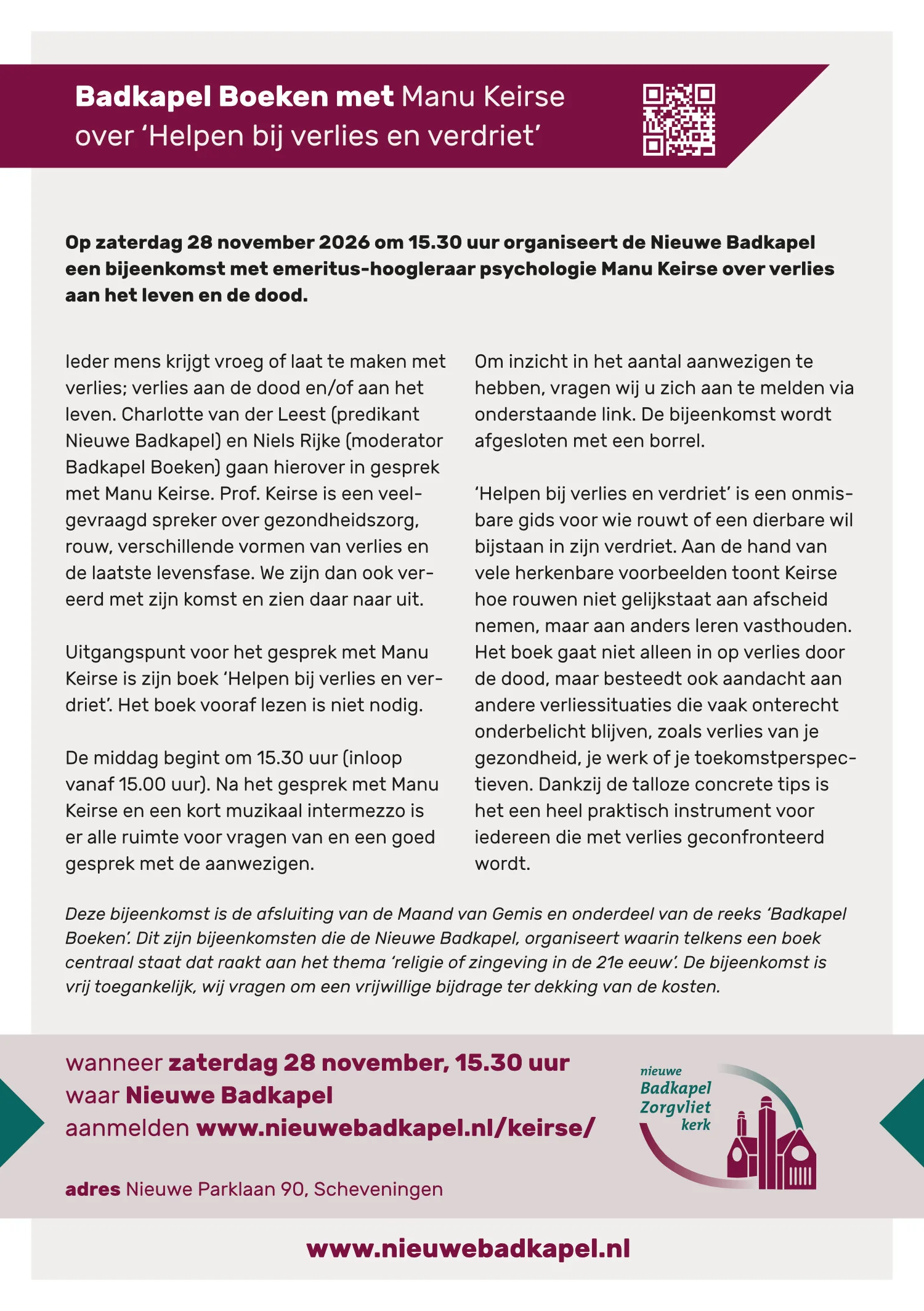 Achterkant van de flyer, met de tekst over de middag en de praktische gegevens