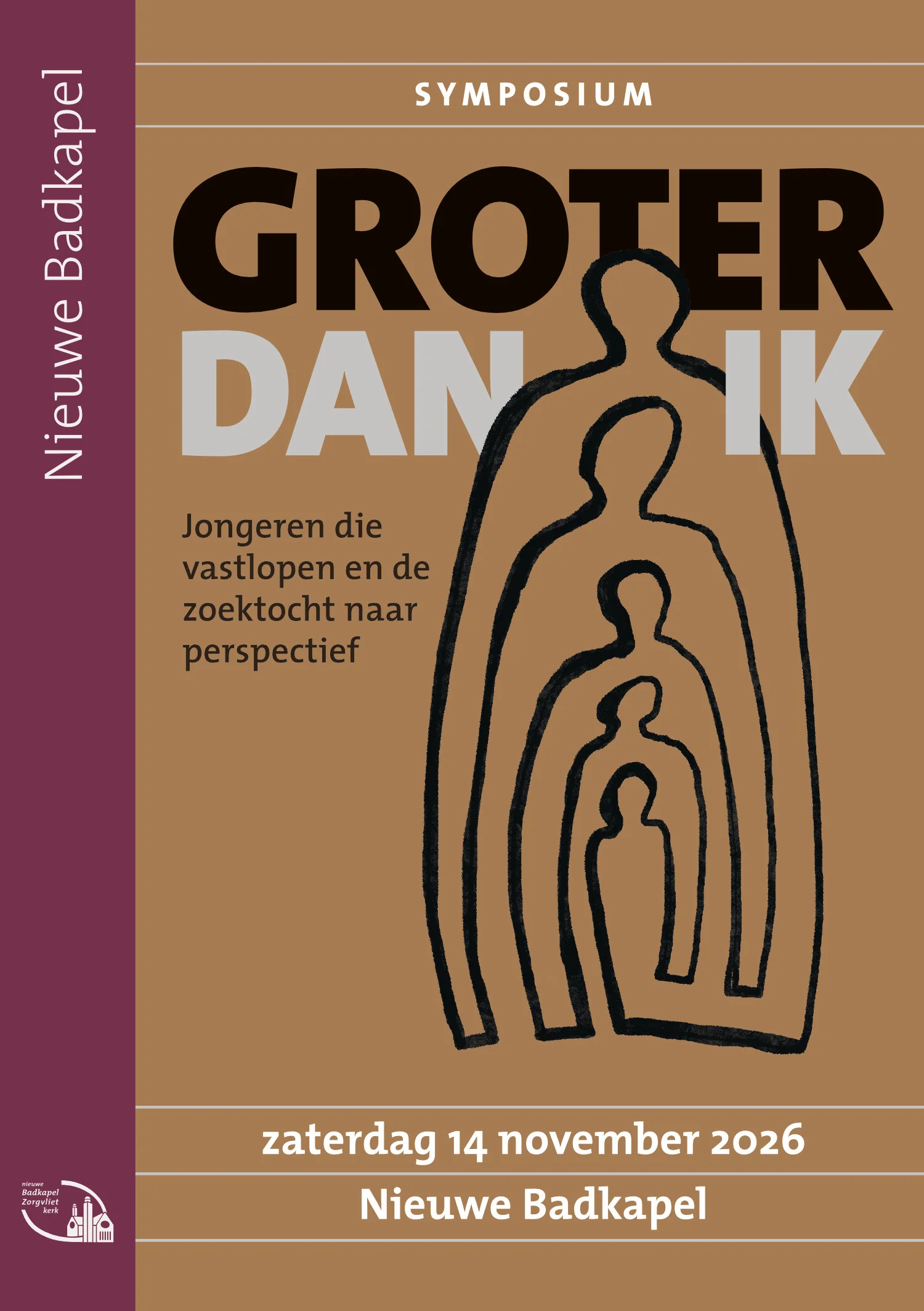 Voorkant van de flyer: symposium Groter dan ik, zaterdag 14 november 2026 in de Nieuwe Badkapel