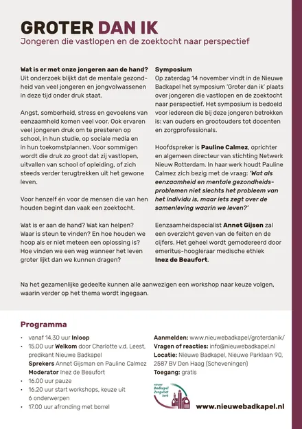 Achterkant van de flyer, met de tekst over het symposium en het programma van de middag