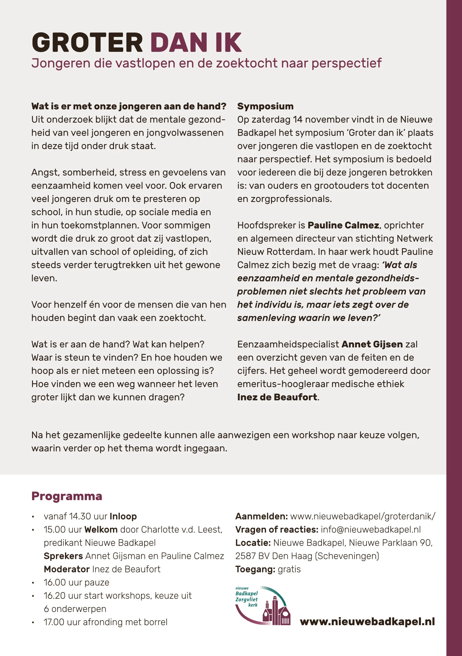 Achterkant van de flyer, met de tekst over het symposium en het programma van de middag